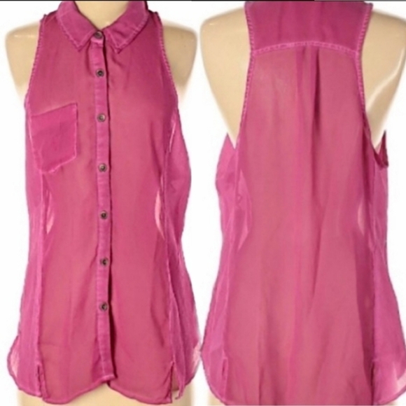 Free People Button Down Top – Rich Pink, Sheer Seam Stripes, Sleeveless Collared - Picture 8 of 10